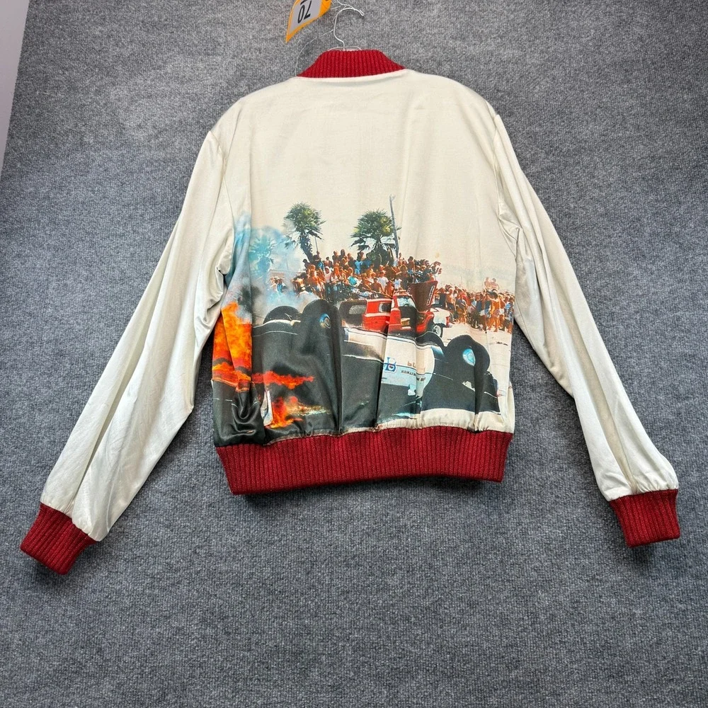 Palm Angels Riot Souvenir Bomber Jacket Mens 50 US Large Cream Graphic Car Crash